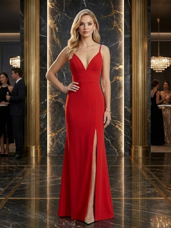 Aqua Dresses & Skirts - Aqua Womens Size 6 Red Spaghetti Strap V Neck Maxi Gown Dress